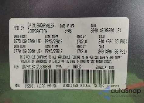 2007 Dodge Ram 1500 St z USA, uszkodzony, nr VIN 1D7HA18K17J530998